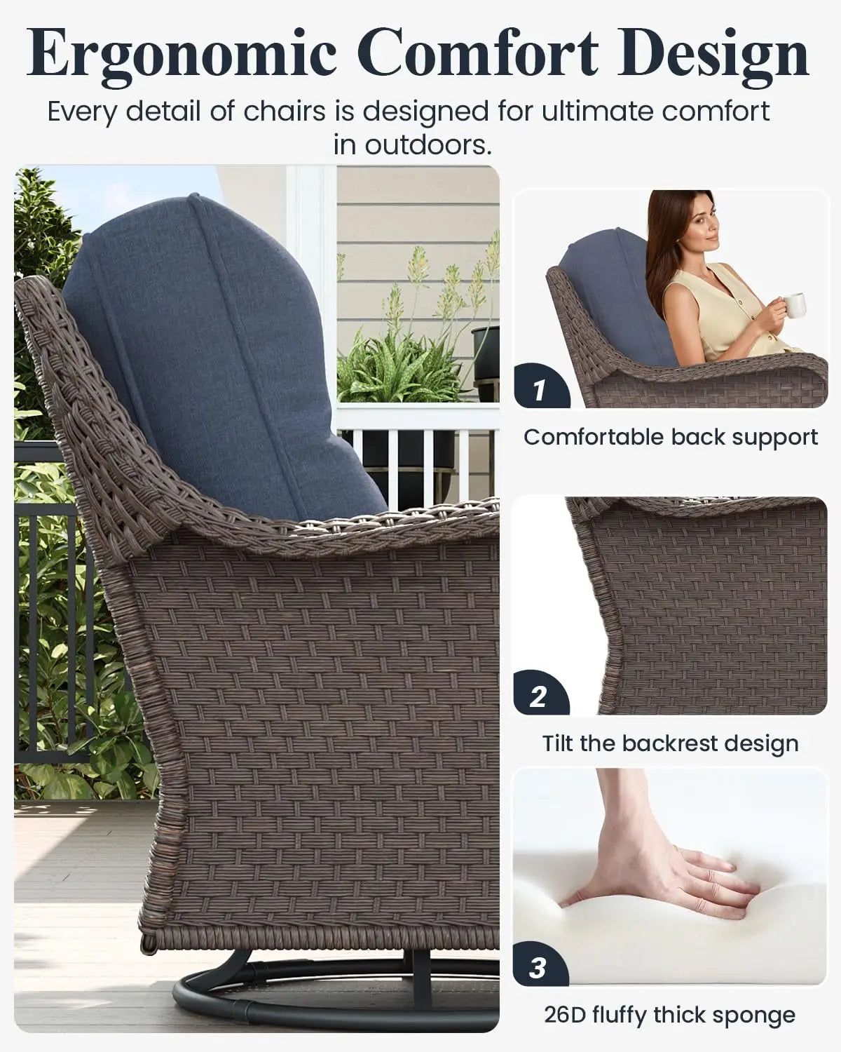 5‑Piece Patio Furniture Set – Wicker Swivel Rockers with High Backs, 6" Cushions & Fire Pit Table