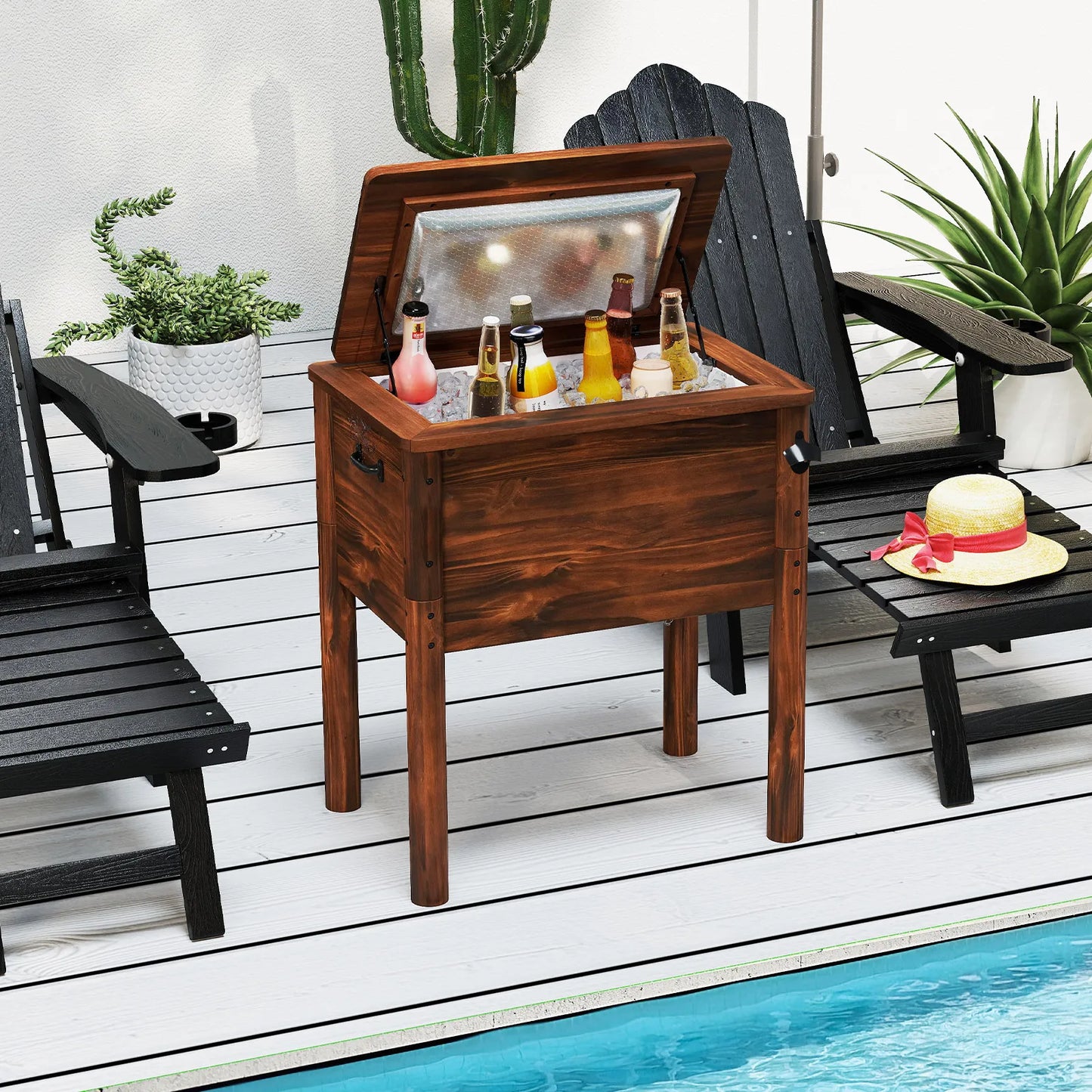 54‑Quart Wooden Patio Cooler – Rustic Brown Beverage Cooler with Side Handles for Outdoor Entertaining