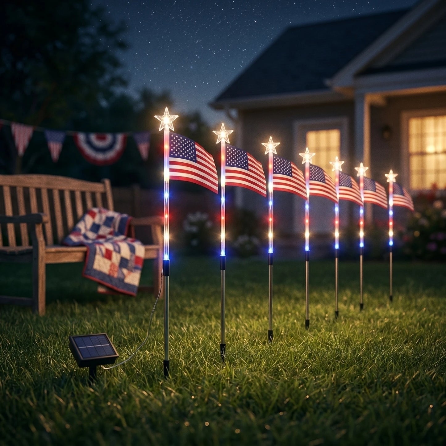 Solar Powered American Flag LED Pathway Lights - Waterproof