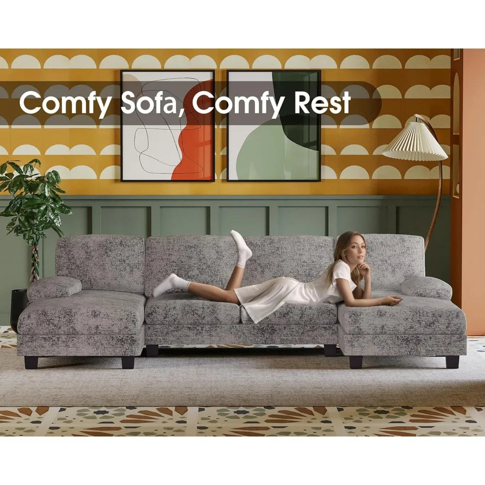 U-Shaped Linen Fabric Sectional Sofa, 4-Seater with Double Chaise