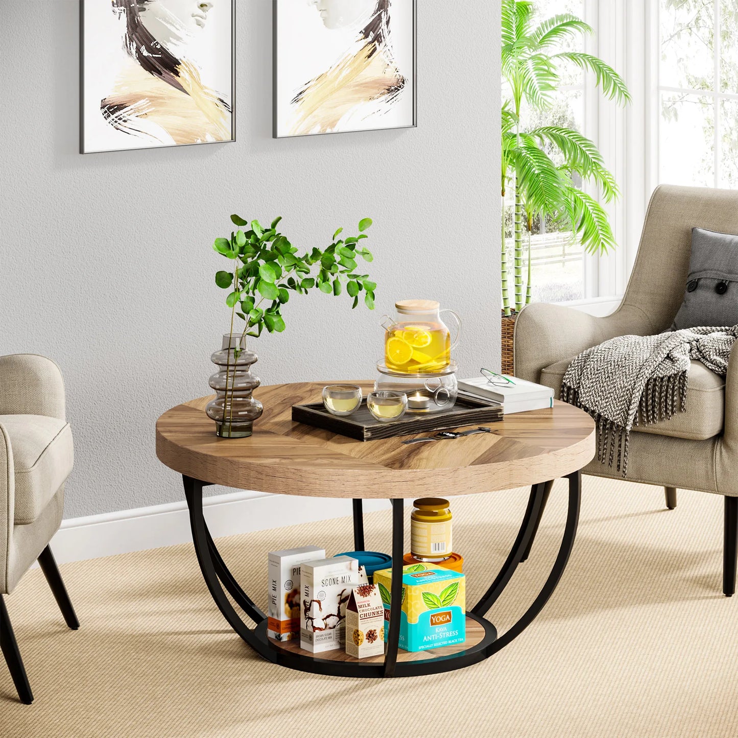 31" Round Coffee Table, Industrial 2-Tier Table with Storage Shelves