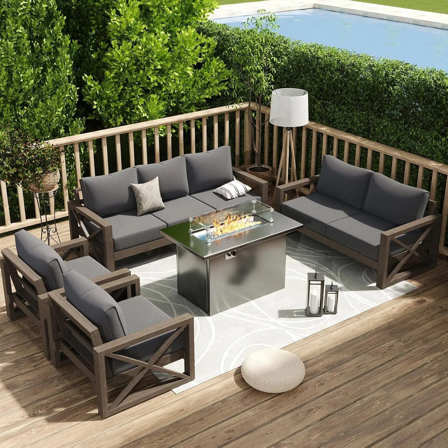 8‑Piece Aluminum Patio Sofa Set with Fire Pit – 6" Cushions, Waterproof Cover, Dark Grey