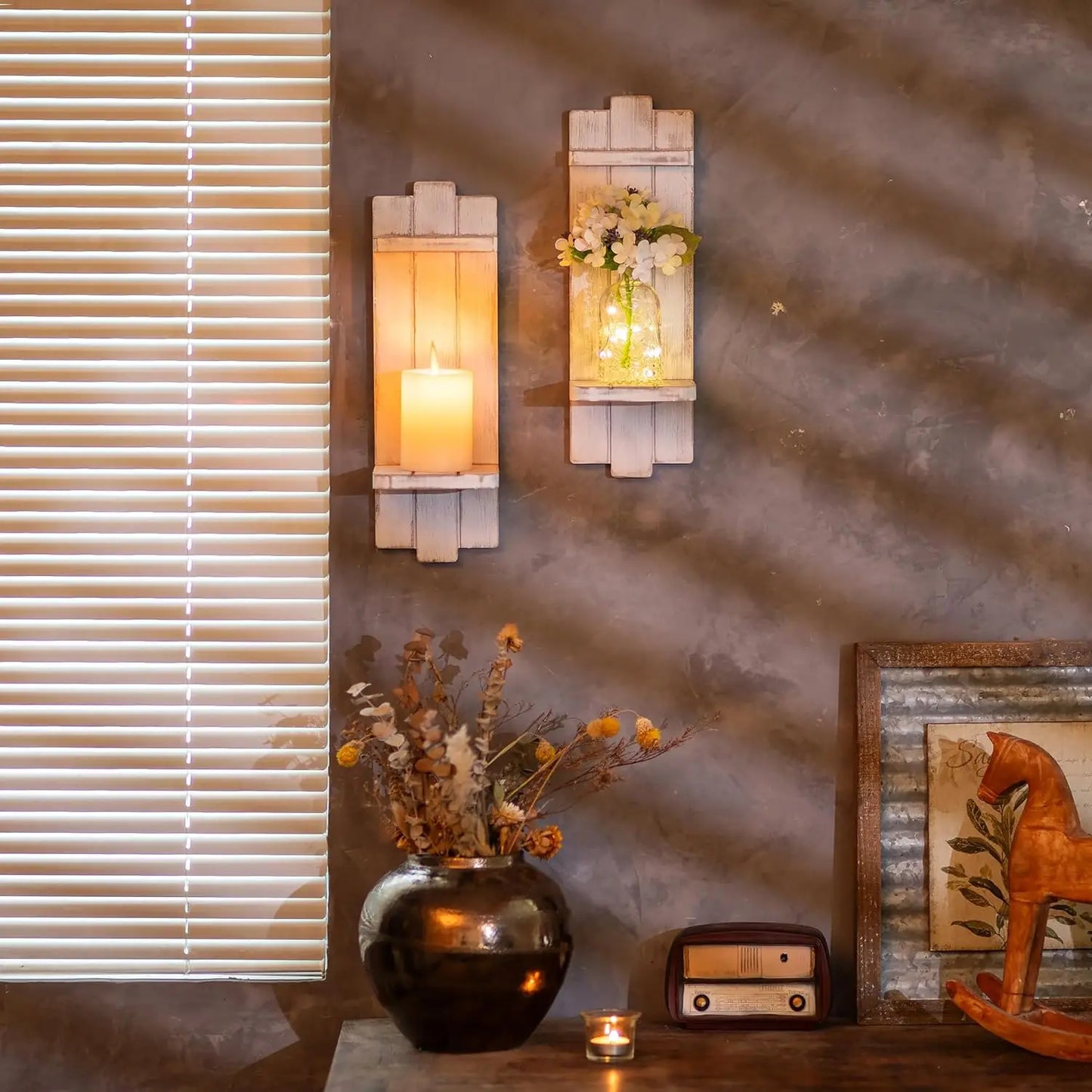Rustic Wooden Hanging Wall Candle Holder - Set of Two