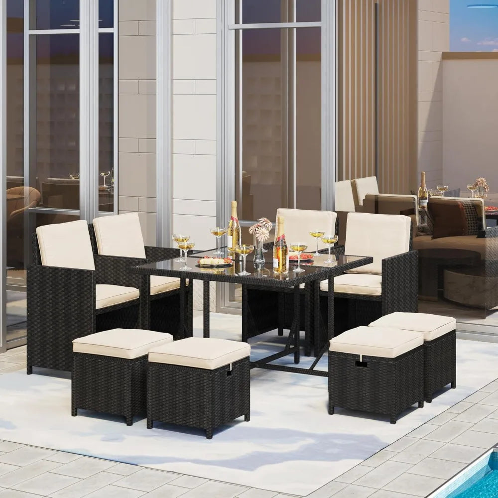 9‑Piece Patio Dining Set – Space‑Saving Rattan Chairs with Glass Table, Wicker Outdoor Conversation Furniture