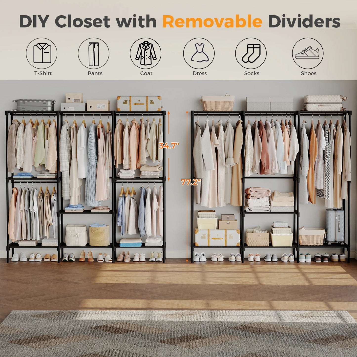 72IN to 81IN Portable Three Rows Wardrobe Closet with Hanging Rods with Shelves