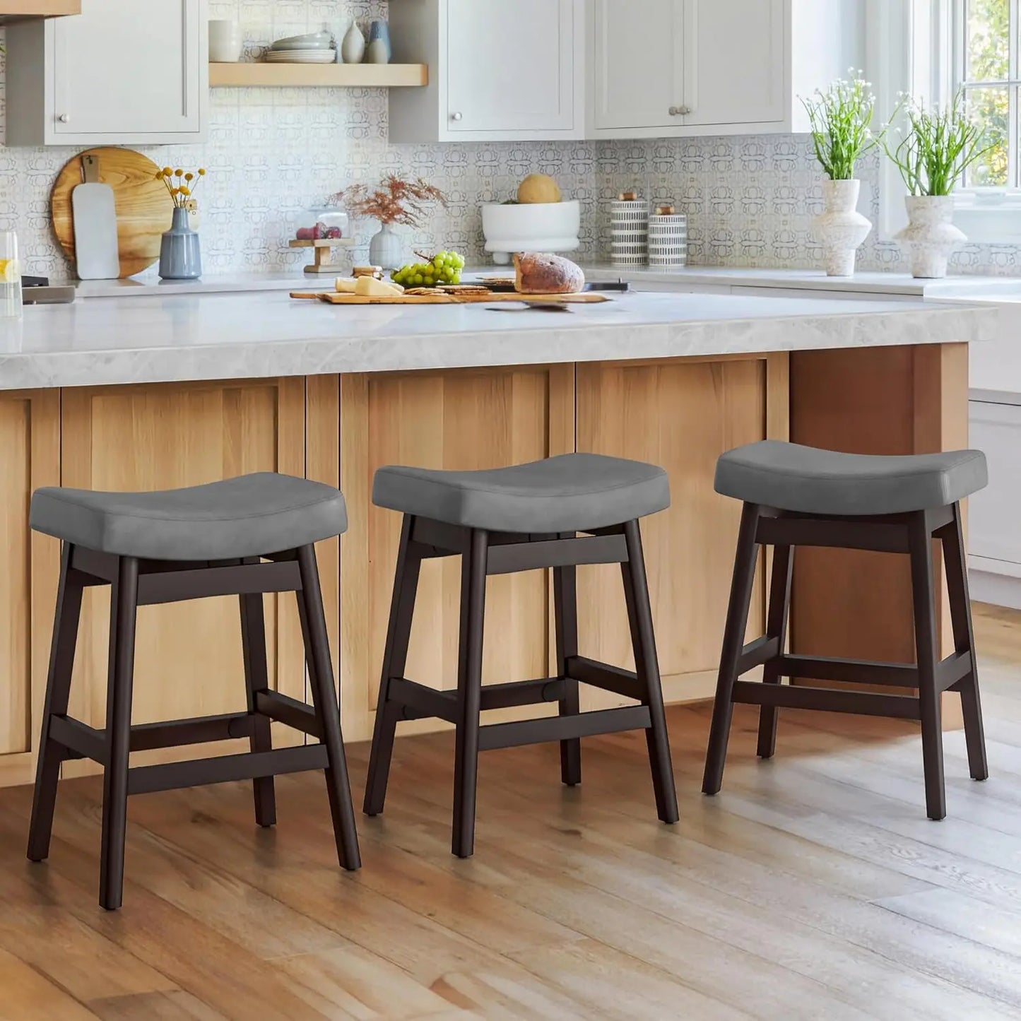 Set of 3 Barstools with Sturdy Wood Legs, Saddle Seat