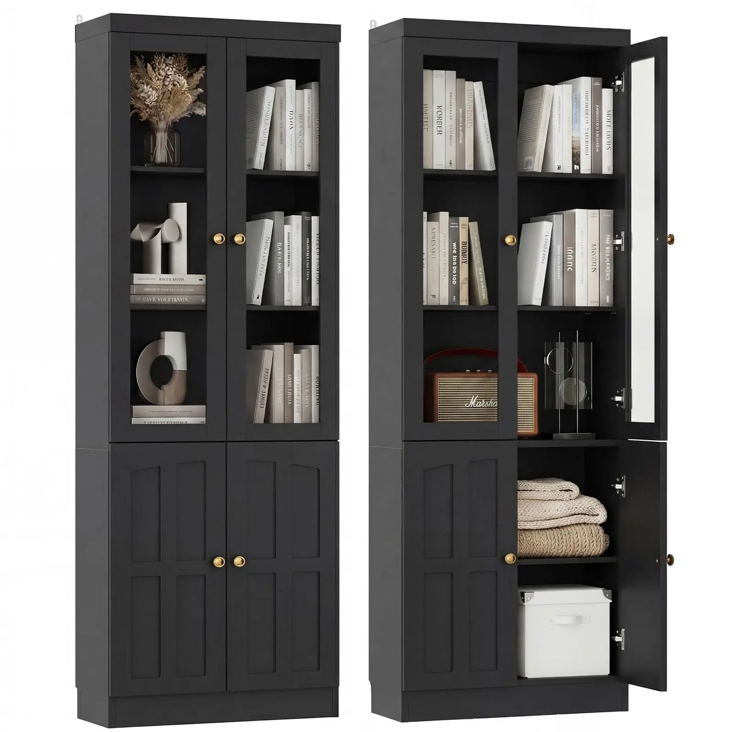 80" Tall Bookshelf with Glass Doors | Large Storage & Display Cabinet