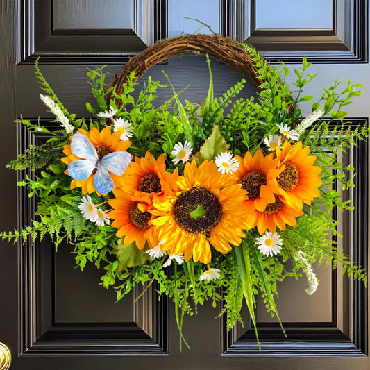 Artificial Sunflowers Wreath Spring Summer Floral Swags with Butterfly Fake Yellow Sunflower Rattan Garland for Front Door Decor