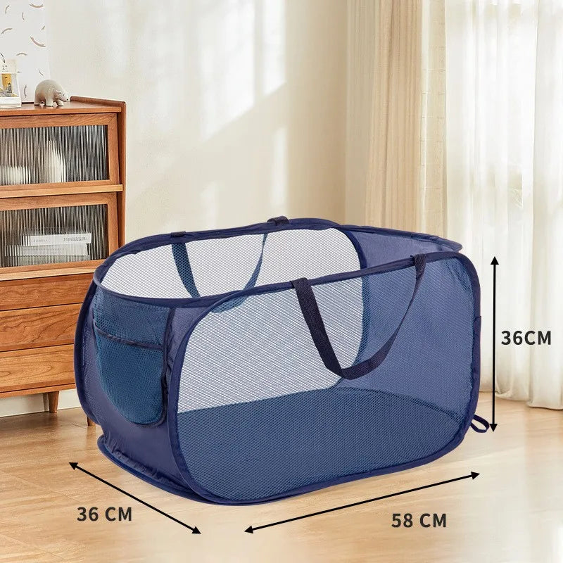 Durable Collapsible Laundry Basket, Mesh Pop Up Laundry Hamper With Side Pocket, Foldable Clothes Storage Hamper