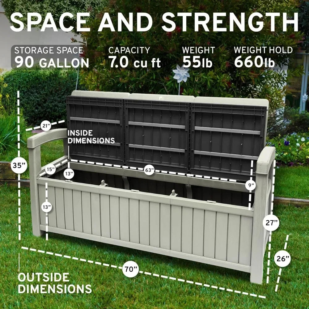 3 Seat Outdoor Storage Bench - 90 Gallon Capacity - Weatherproof Resin Bench for Patio, Porch, Garden, Yard, Pool Area