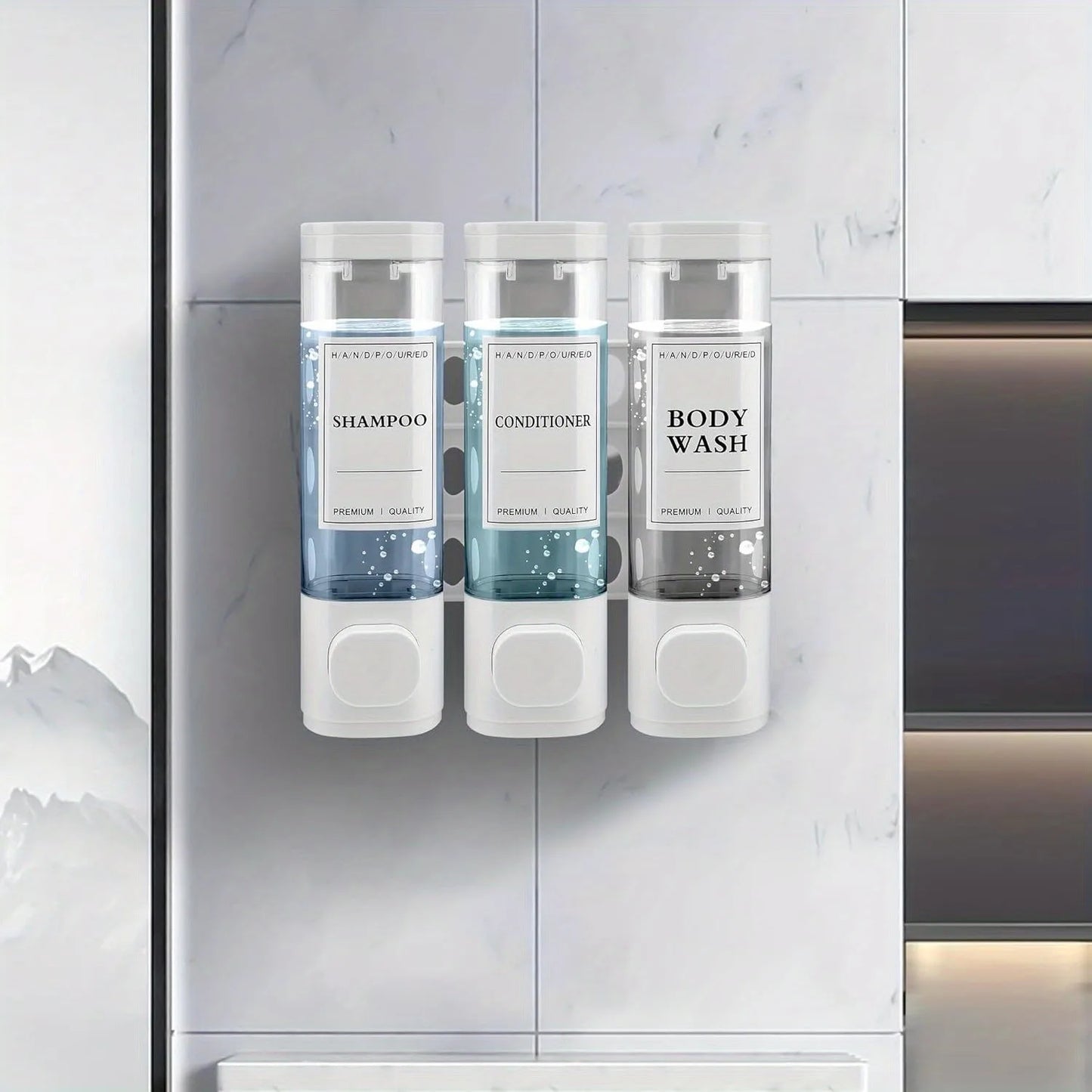 Wall-mounted 3-in-1 Soap, Shampoo and Conditioner Dispenser, No Drilling Required
