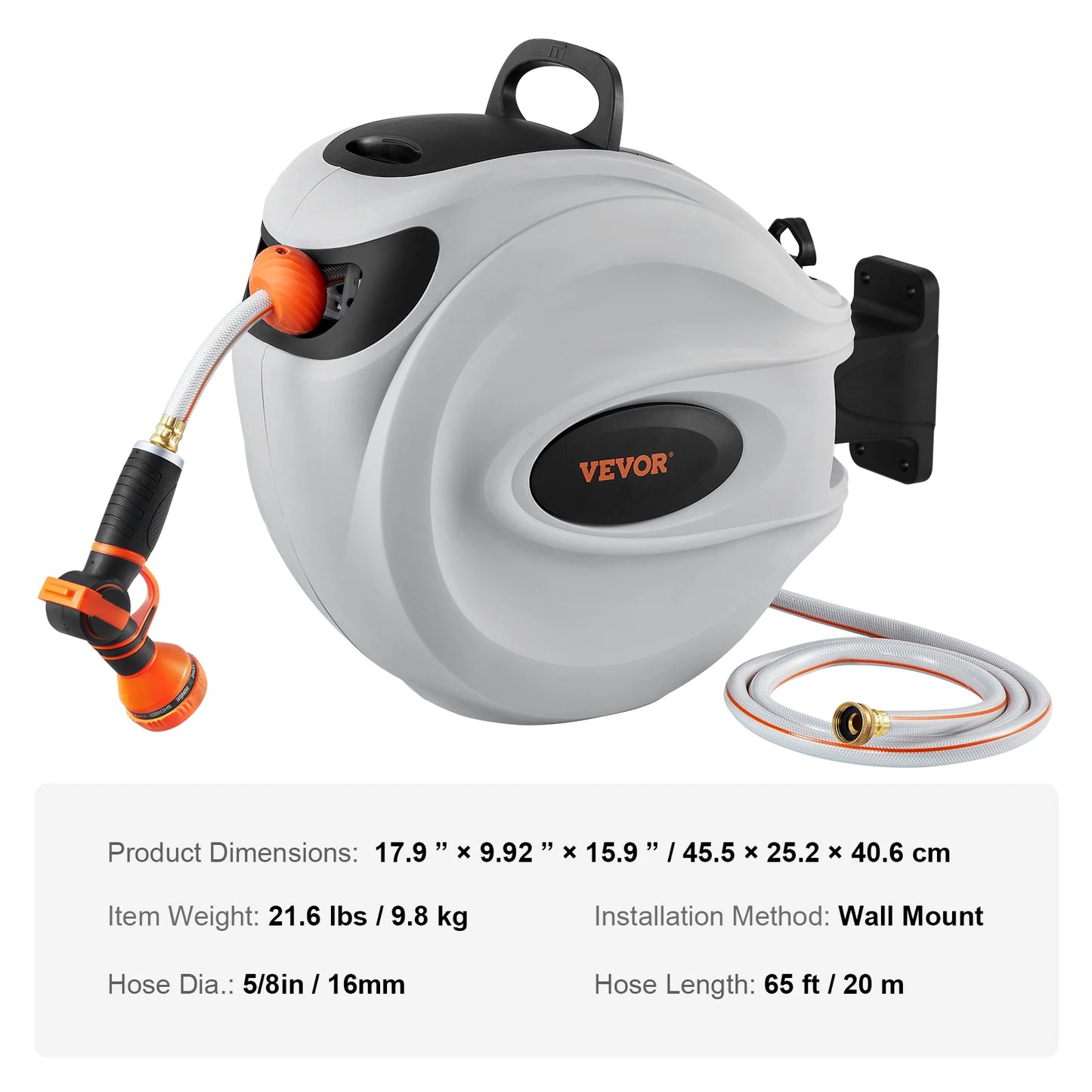 Retractable Hose Reel 180° Swivel Bracket Wall-Mounted Garden Water Hose Reel with 9-Pattern Nozzle Automatic Rewind