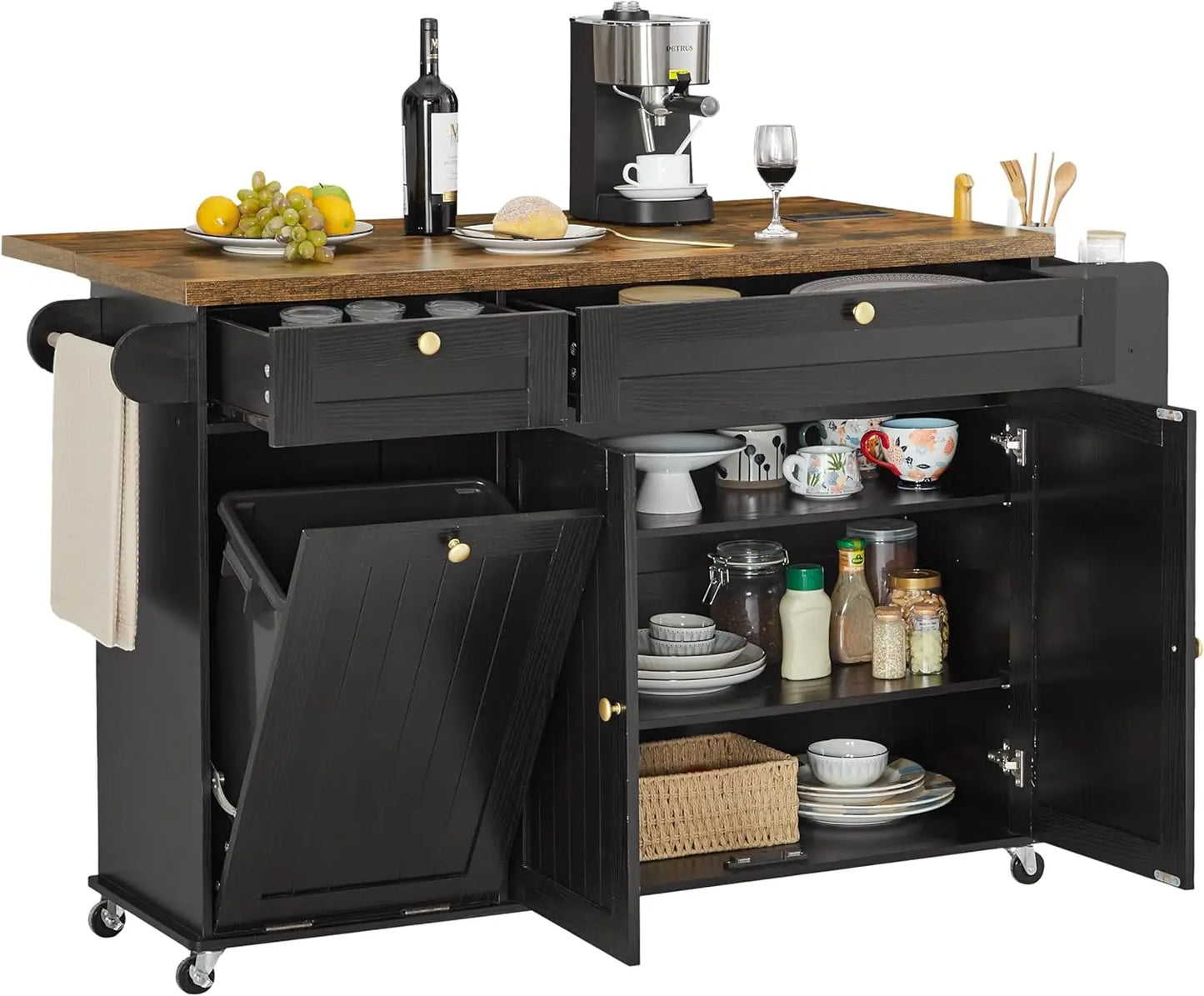 60" Mobile Kitchen Island with Table Drop Leaf, Power Outlets, Spice & Towel Rack, and Trash Cabinet