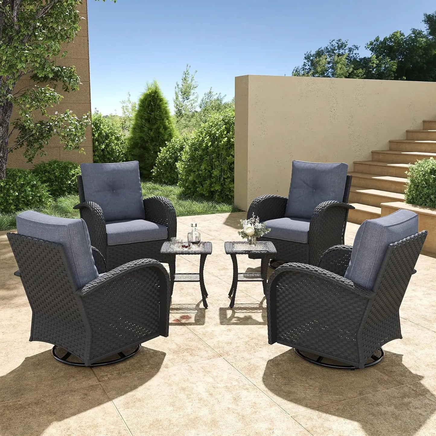 6 Pieces Wicker Patio Furniture Set - 4 High Back Swivel Rocker Chairs and 2 tables