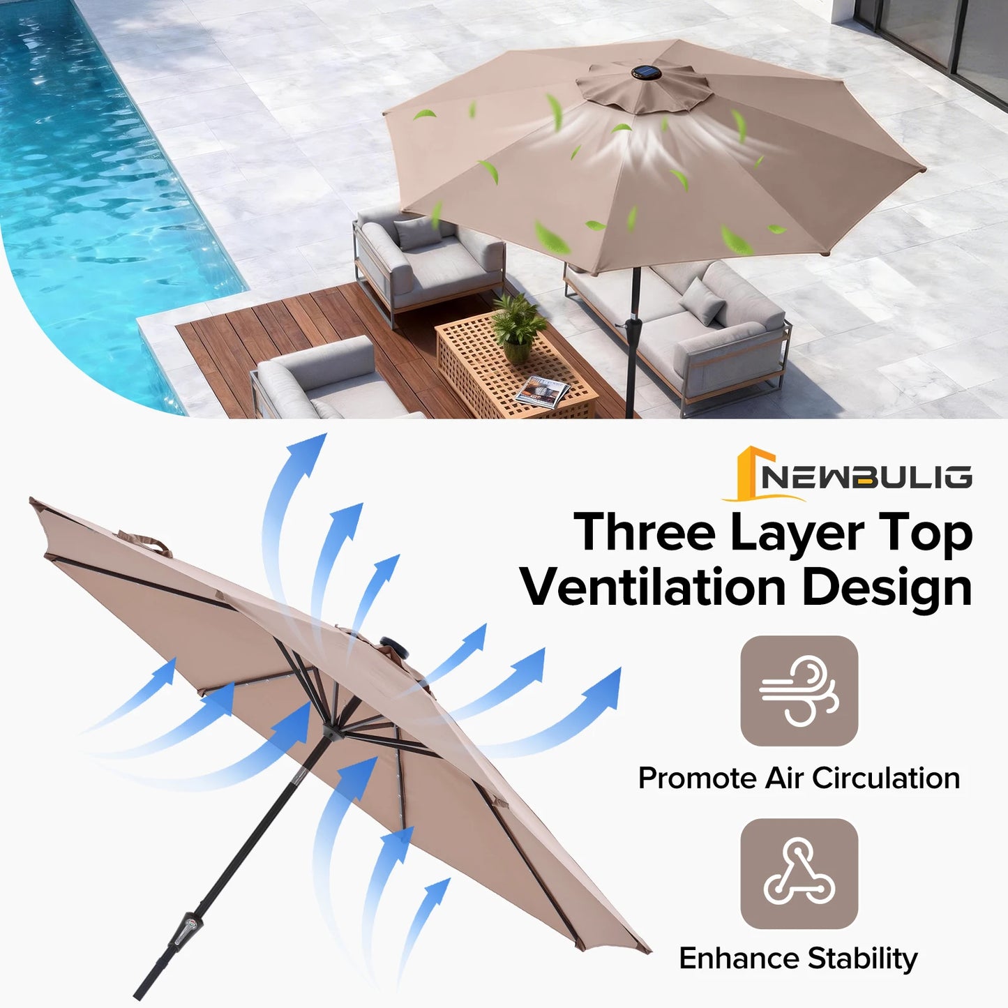 10FT with 32 LED Lights Solar Patio Umbrella UV-Resistant Outdoor Table Umbrella with Tilt and Crank for Outdoor Backyard Garden