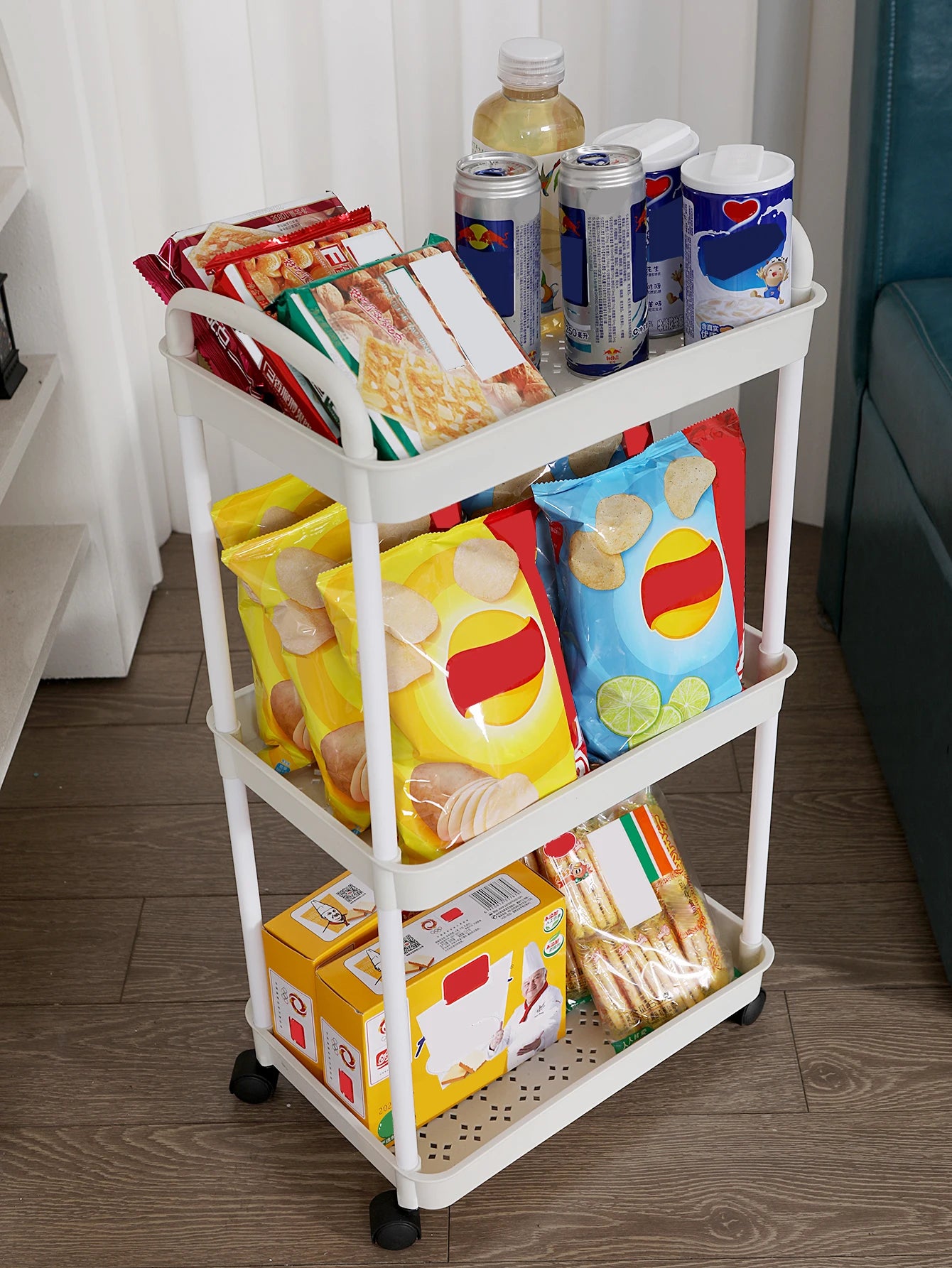 Plastic Rolling Utility Cart with Handle – Movable Storage Trolley with Wheels for Kitchen, Office & Living Room