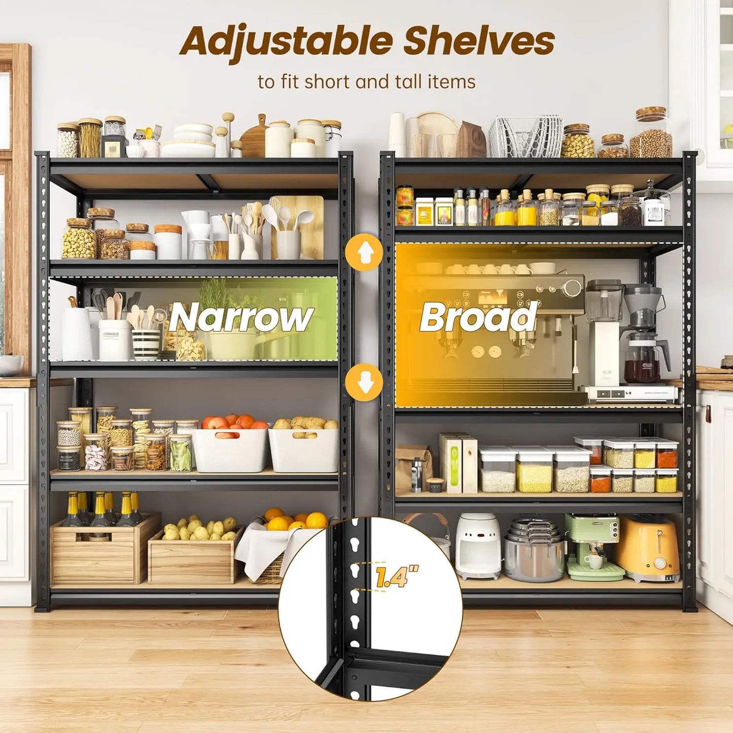 5-Tier Metal Storage Shelves, Adjustable, Capacity for Kitchen And Pantry Organization