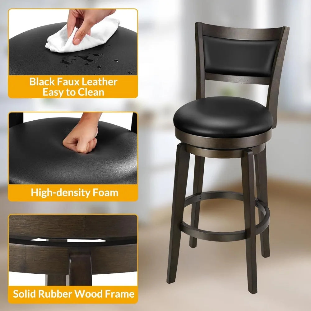 Swivel Bar Stools Set of 2 - 24 Inch Counter Height Barstools, Black Faux Leather