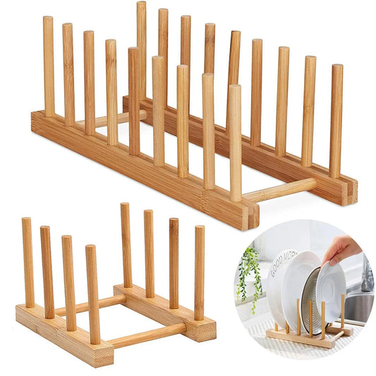 Wooden Dish Drying Rack – Kitchen Plate Stand & Pot Lid Organizer with Cup Drainer