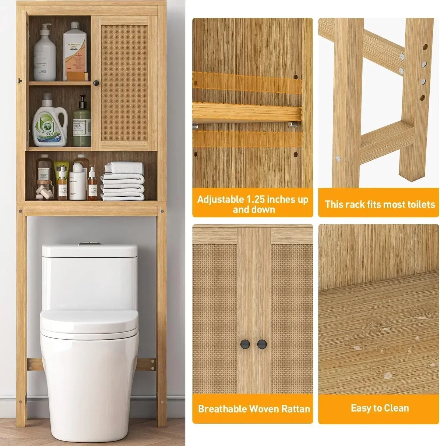 Rattan Over The Toilet Storage Cabinet, Adjustable Shelf