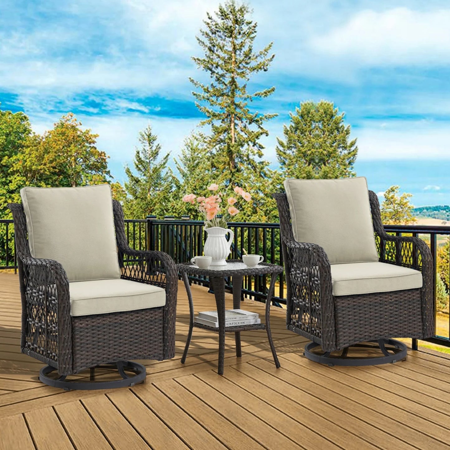 3‑Piece Outdoor Swivel‑Glider Rocking Chair Set – Cushioned Chairs & Glass‑Top Side Table