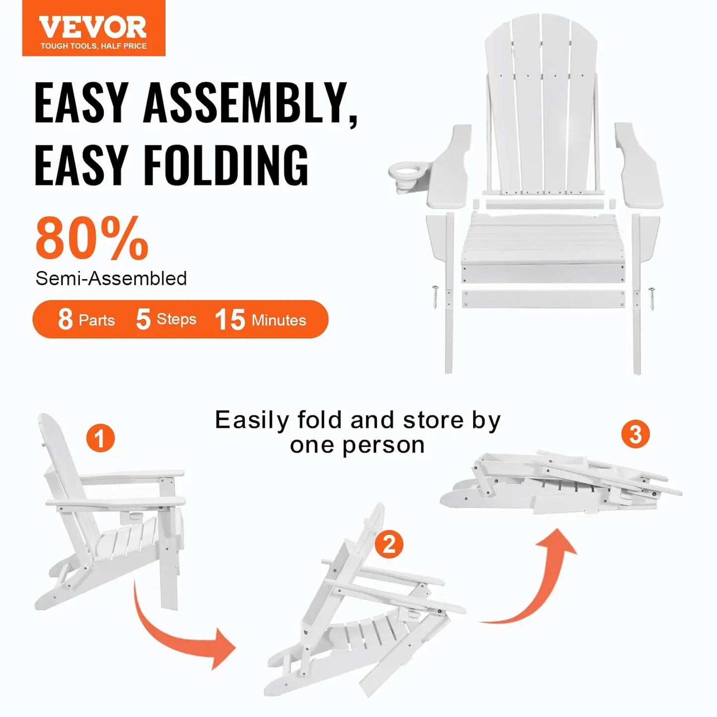 Foldable Adirondack Chair 2 Pack with Cup Holders,  All Weather