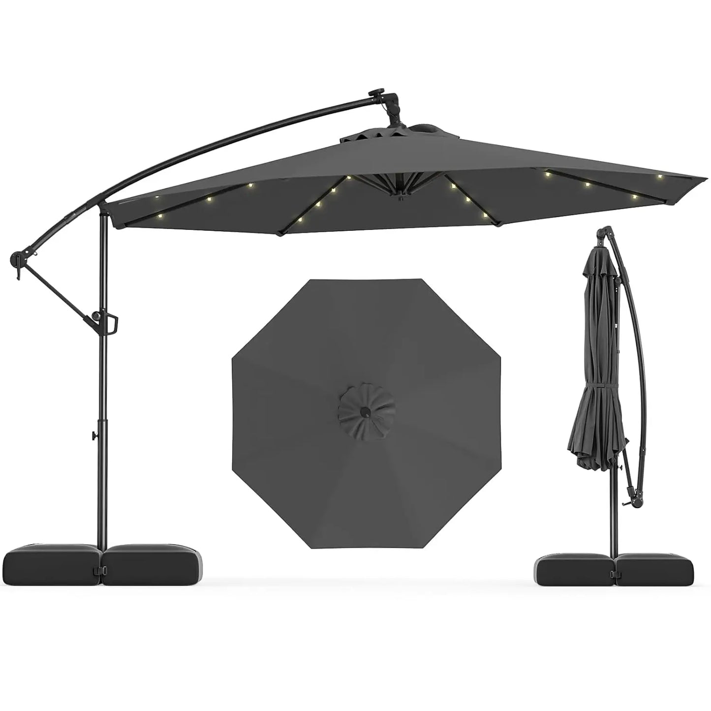 10FT Solar Cantilever Patio Umbrella with Base – Offset Umbrella with 32 LED Lights & Infinite Tilt