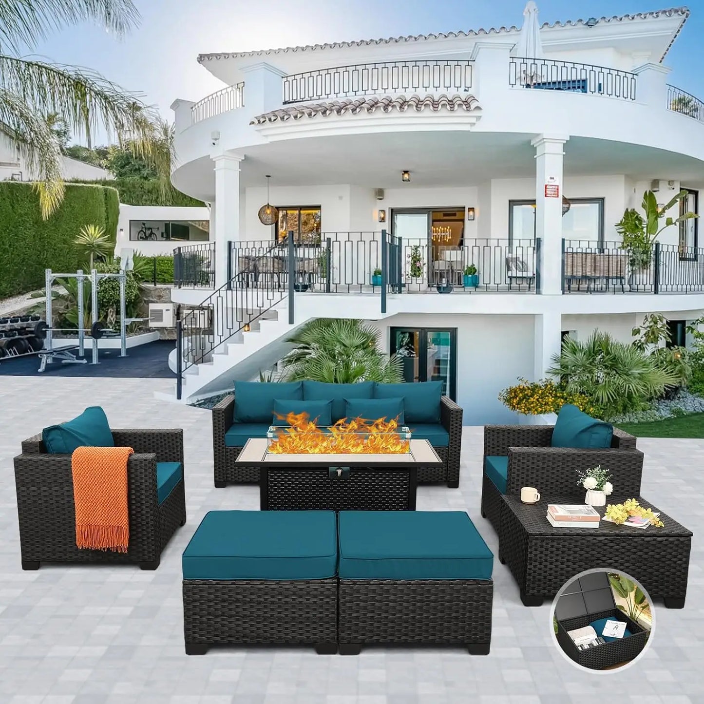 7‑Piece Patio Furniture Set with 60,000 BTU Propane Fire Pit Table – 45" Outdoor Rattan Sofa Set