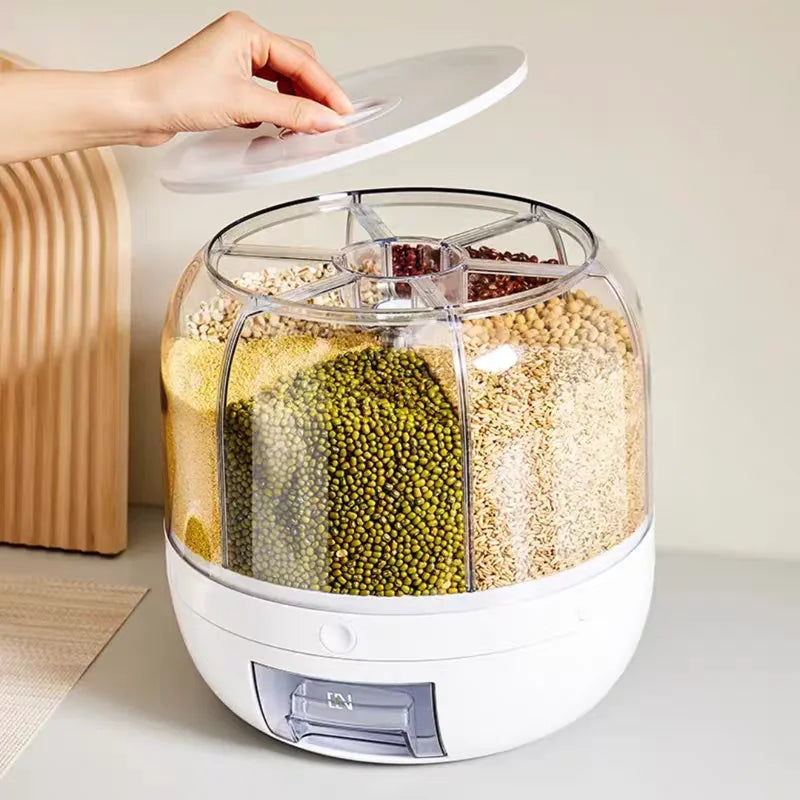 Rotating Food Storage Container - Transparent Large Capacity for Rice, Beans, and Grain - Container with Lid