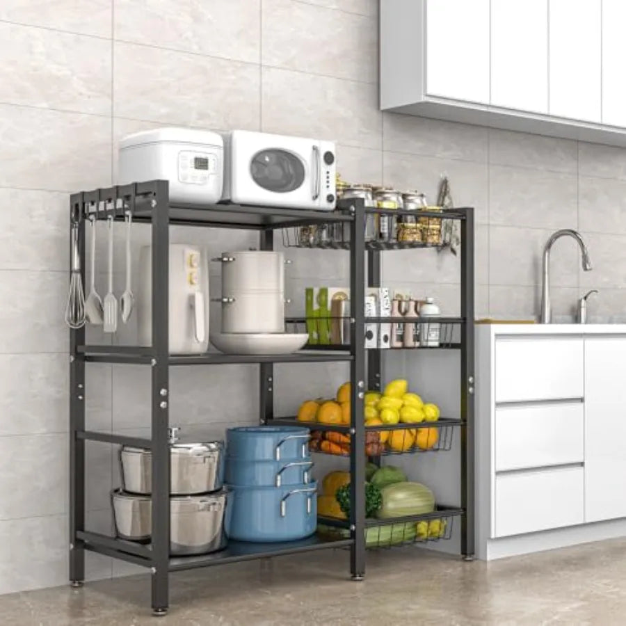 Kitchen Baker's Rack - 3 Tiers 4 Baskets Utility Coffee Bar Air Fryer Stand with Metal Shelves and Wire Baskets
