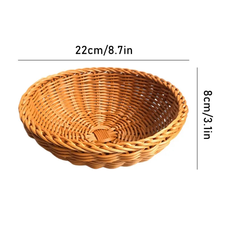 Natural Rattan Fruit Basket – Round Woven Food Storage & Serving Bowl for Bread, Snacks, and Desserts