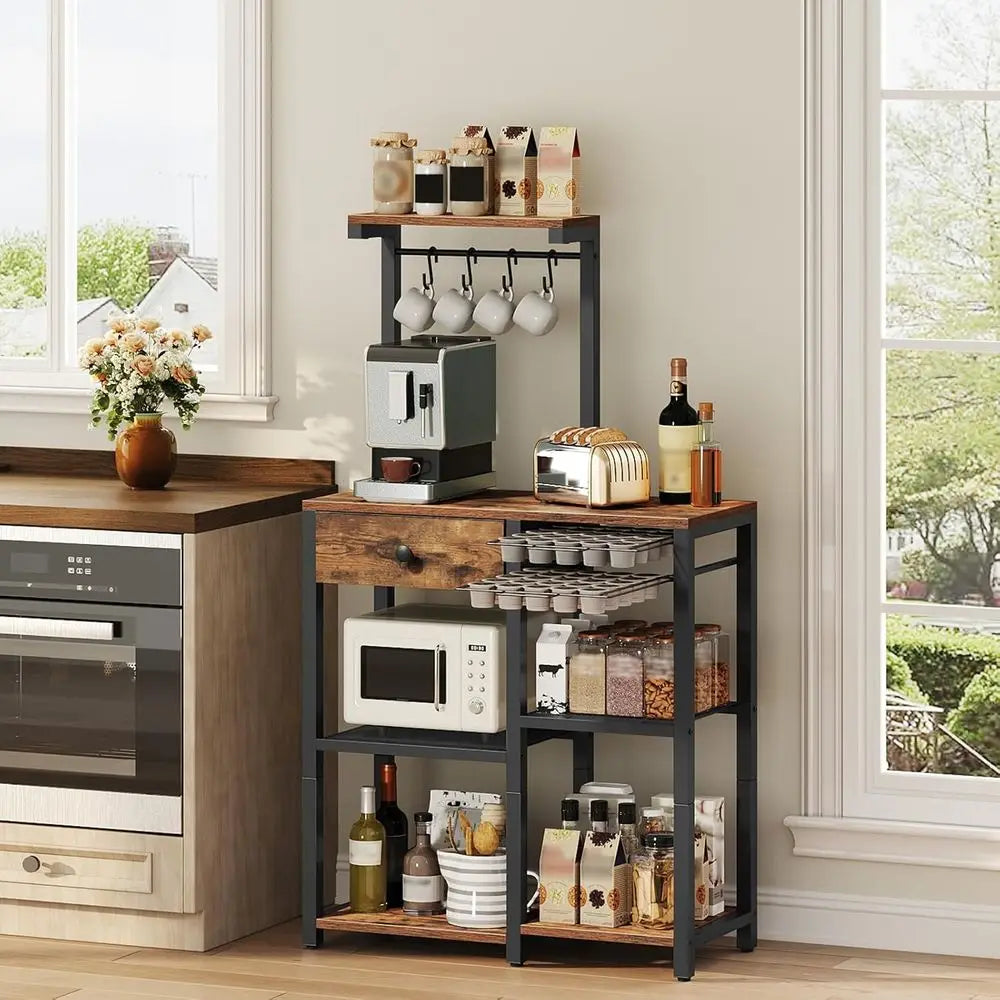 5‑Tier Bakers Rack with Storage Drawer – Coffee Bar Station with Pod Holder