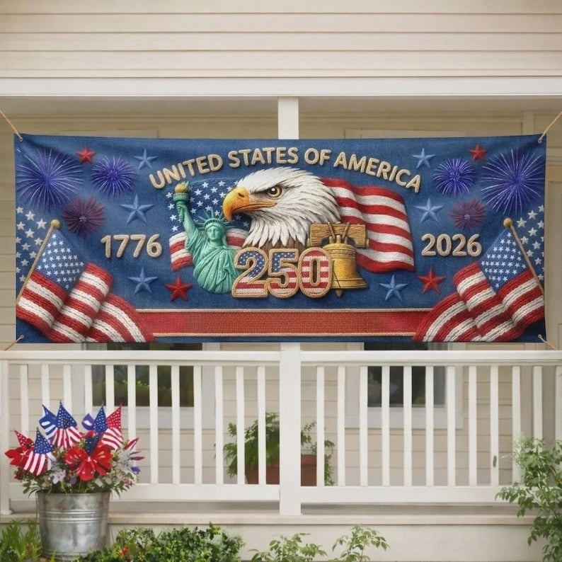 USA 250th Anniversary Banner, America 1776-2026 Patriotic Outdoor Decor, Independence Day Celebration Backdrop Sign, 1PC