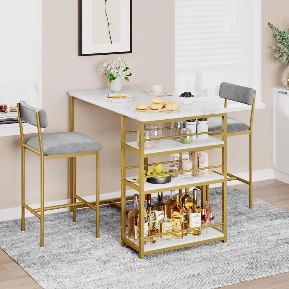 Space-Saving Bar Table Set with Storage, Comfortable Padded Stools, Durable Steel & Wood Construction