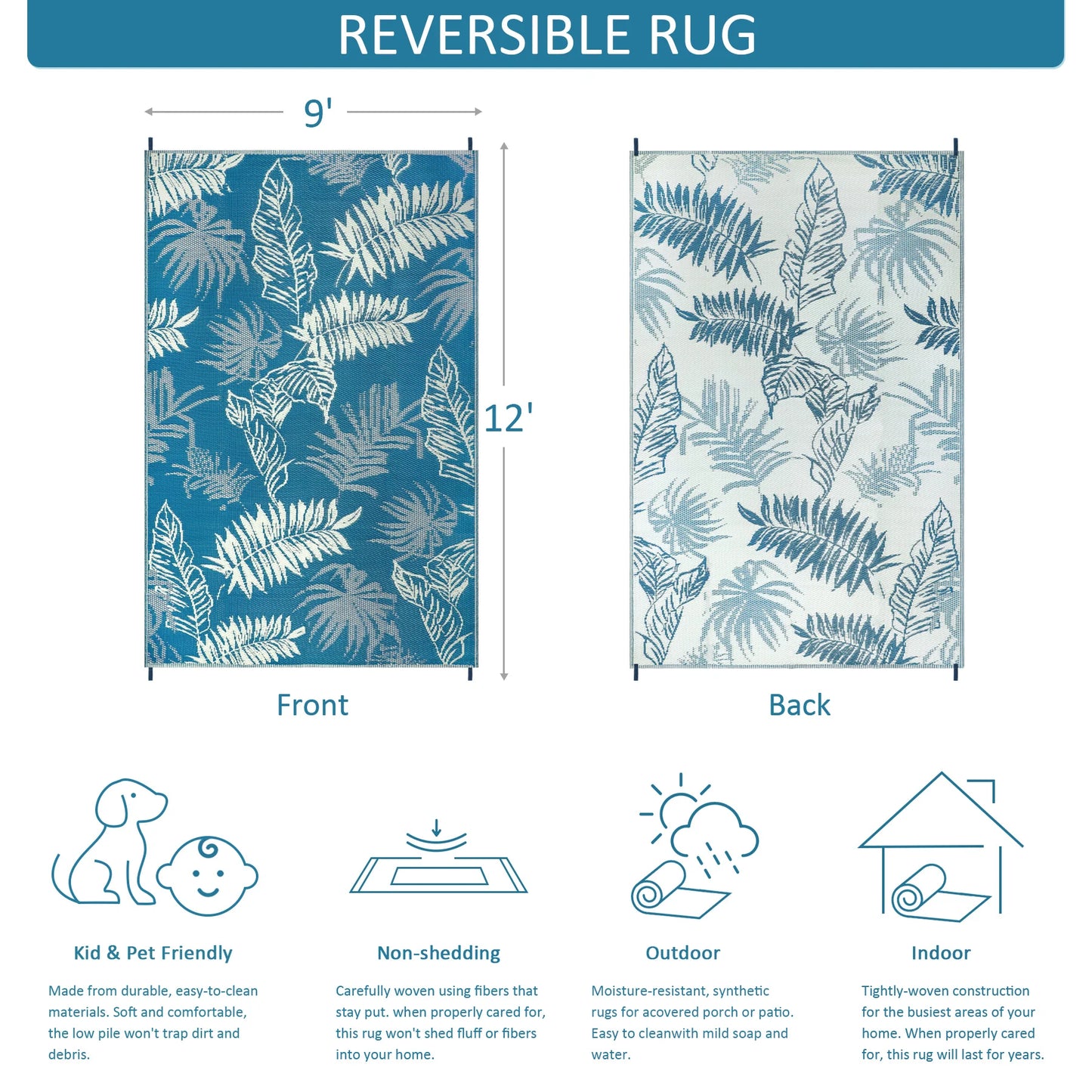 9‘x12' Outdoor Rug Waterproof, for  Indoor/Outdoor