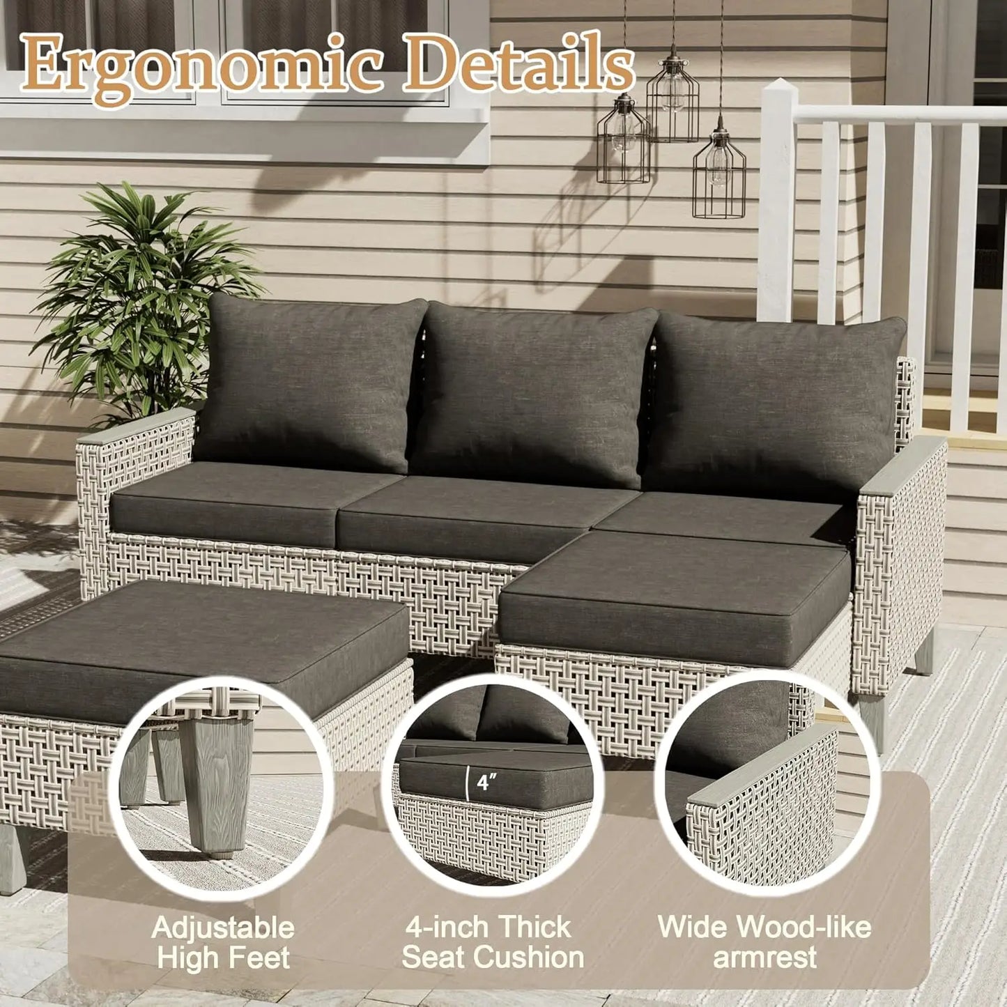 8‑Piece Outdoor Sectional Sofa Set – Fire Pit Table, Ottomans & Thick Cushions, Modern Rattan Design