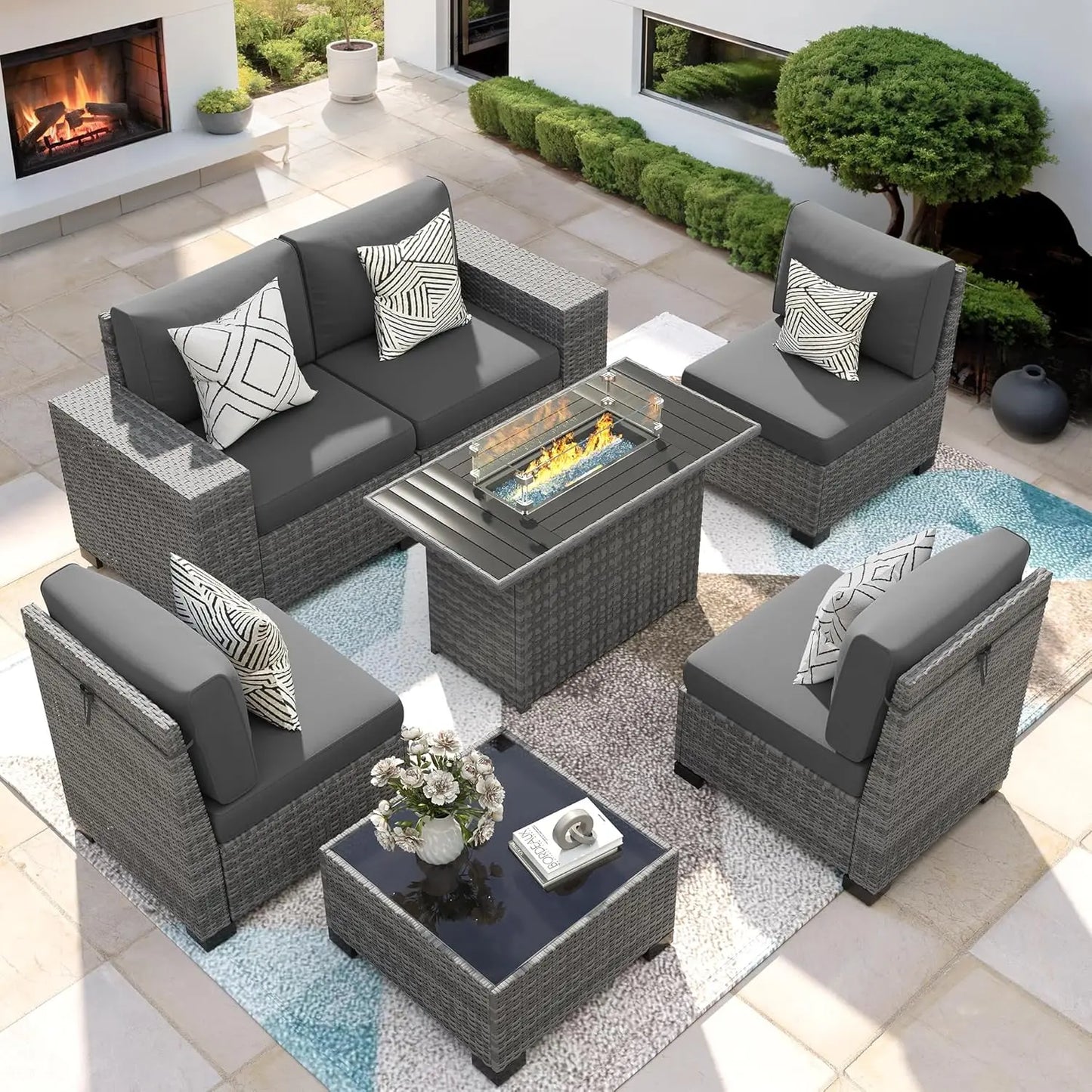 7 Piece Patio Furniture Set With Fire Pit Table, Outdoor , Wicker Rattan