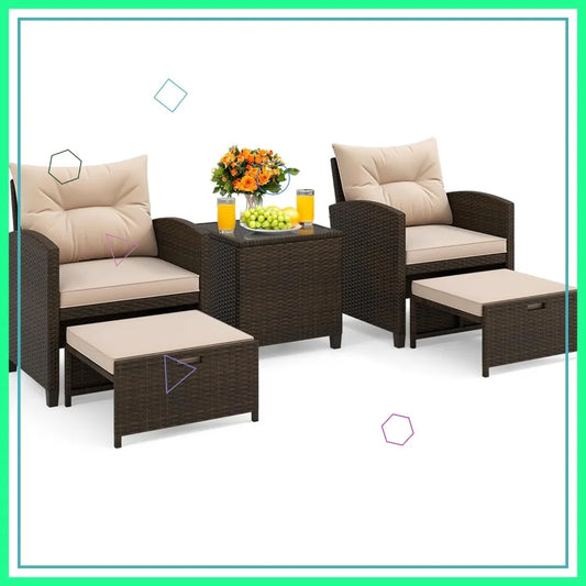5-Piece Outdoor Patio Furniture Set with Chairs, Ottomans & Glass Table