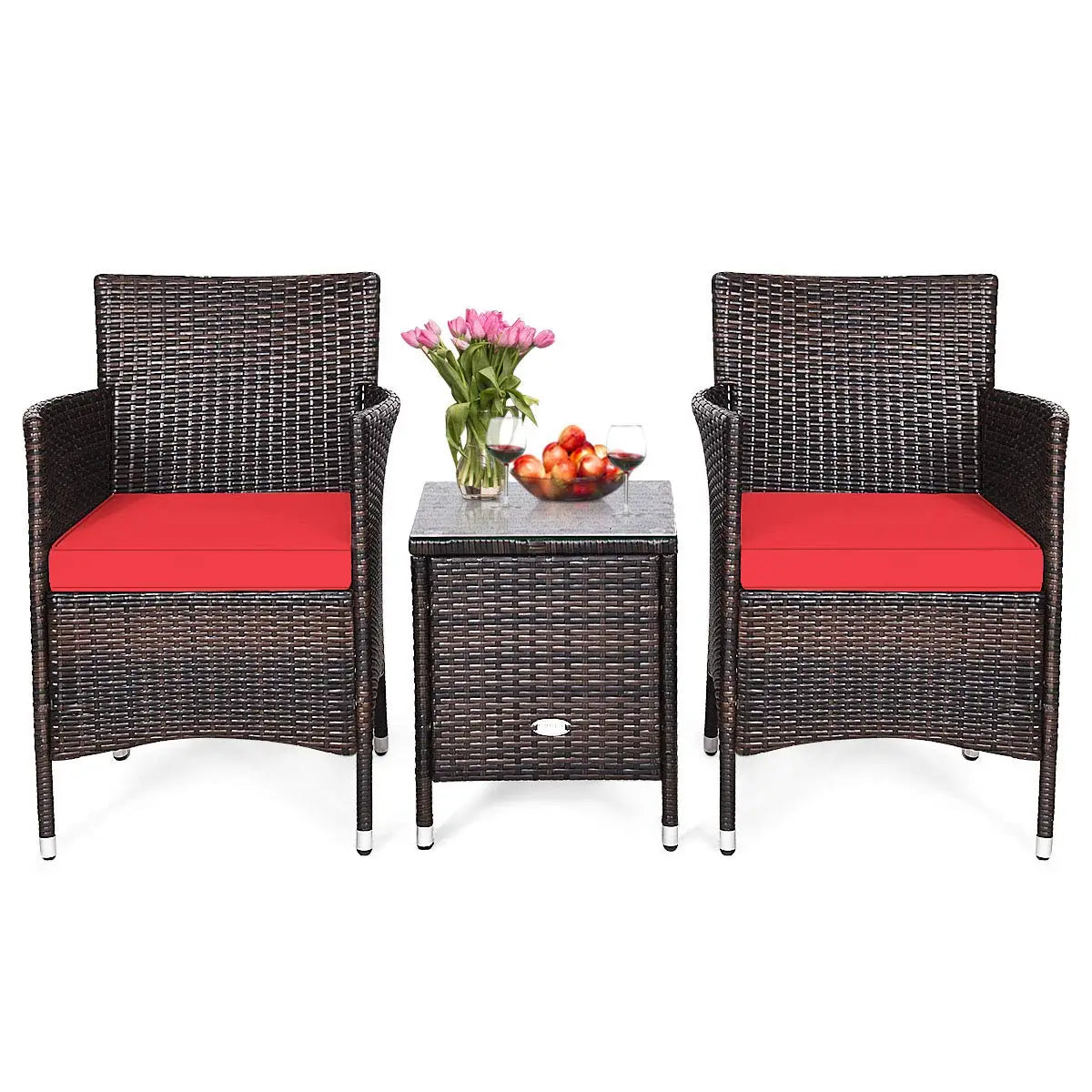 3‑Piece Patio Furniture Set – Wicker Rattan Chairs with Thick Cushions & Glass‑Top Coffee Table