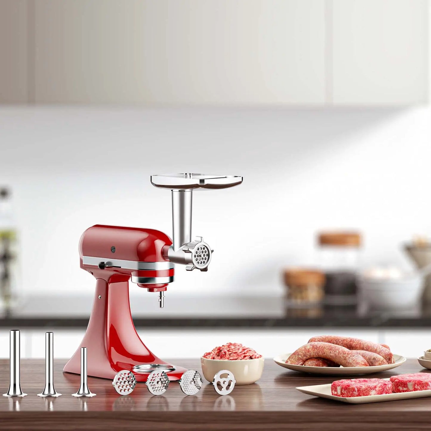 Meat Grinder and Slicer Shredder Attachments for KitchenAid Stand Mixer 2 Piece Set with Sausage Stuffer Tubes