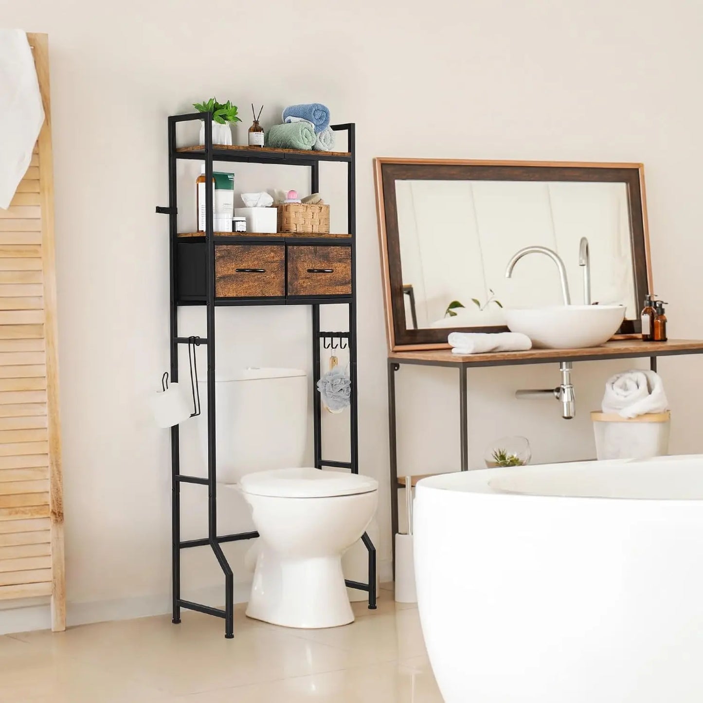 Over-The-Toilet Storage Cabinet with Drawers and Toilet Paper Holder, Brown