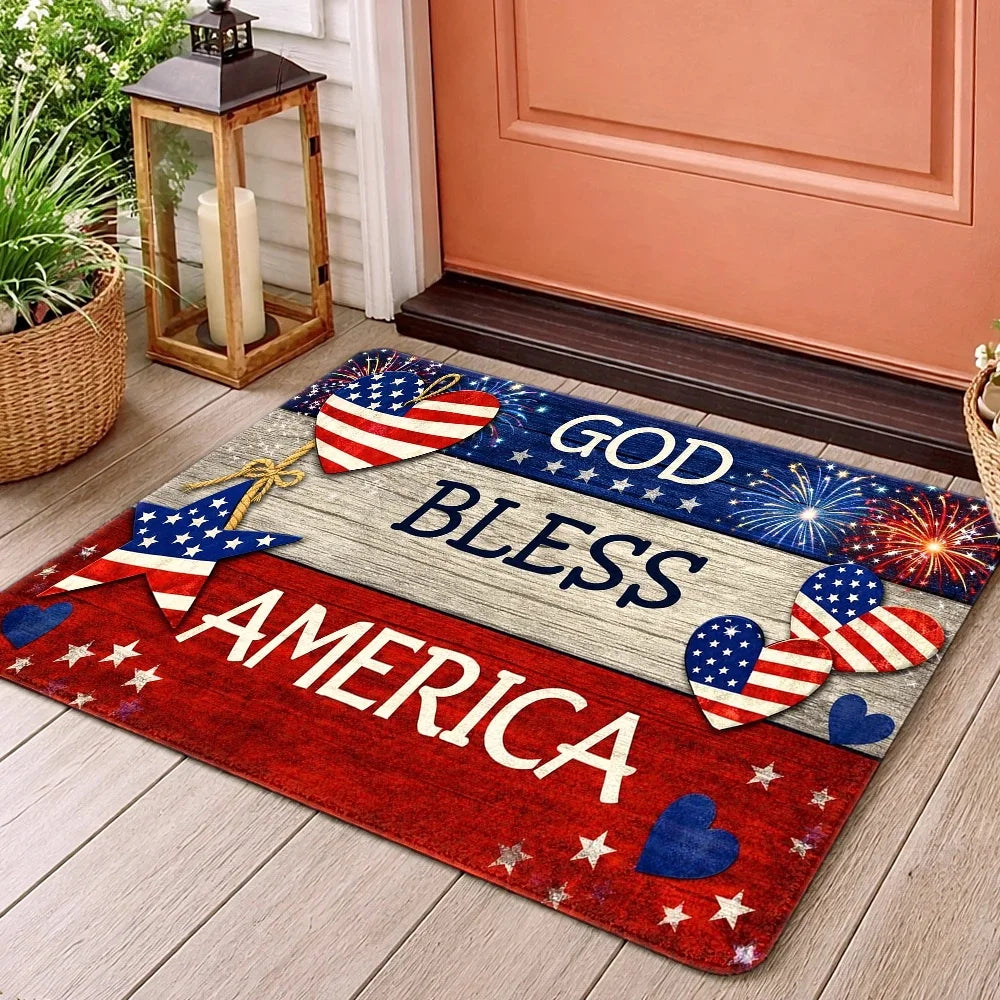 God Bless America Independence Day Doormat American Flag Heart Star Non Slip Wear Resistant Indoor Outdoor Entrance Rug
