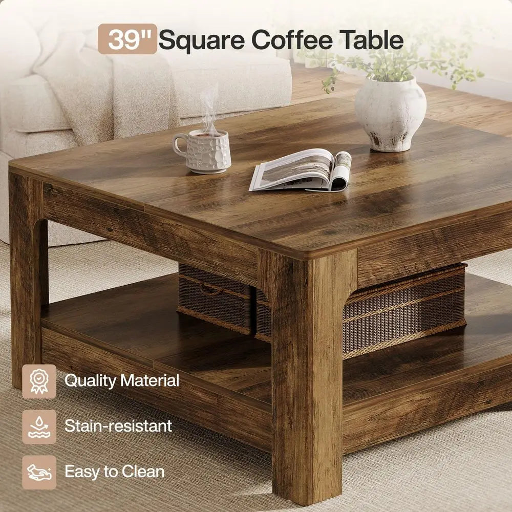 39" Square Coffee Table with Storage – Large Rustic Brown Farmhouse Center Table for Living Room