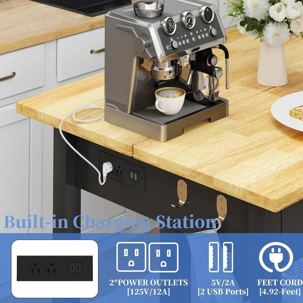60" Kitchen Island with Power Outlets, Ample Work Surface, 3 Drawers & 2 Shelves, Black Cottage Style