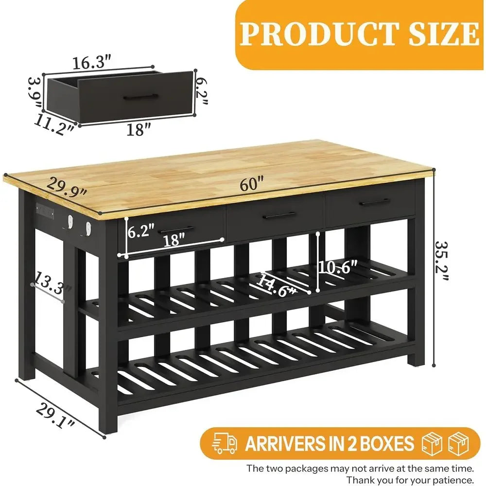 60" Kitchen Island with Power Outlets, Ample Work Surface, 3 Drawers & 2 Shelves, Black Cottage Style