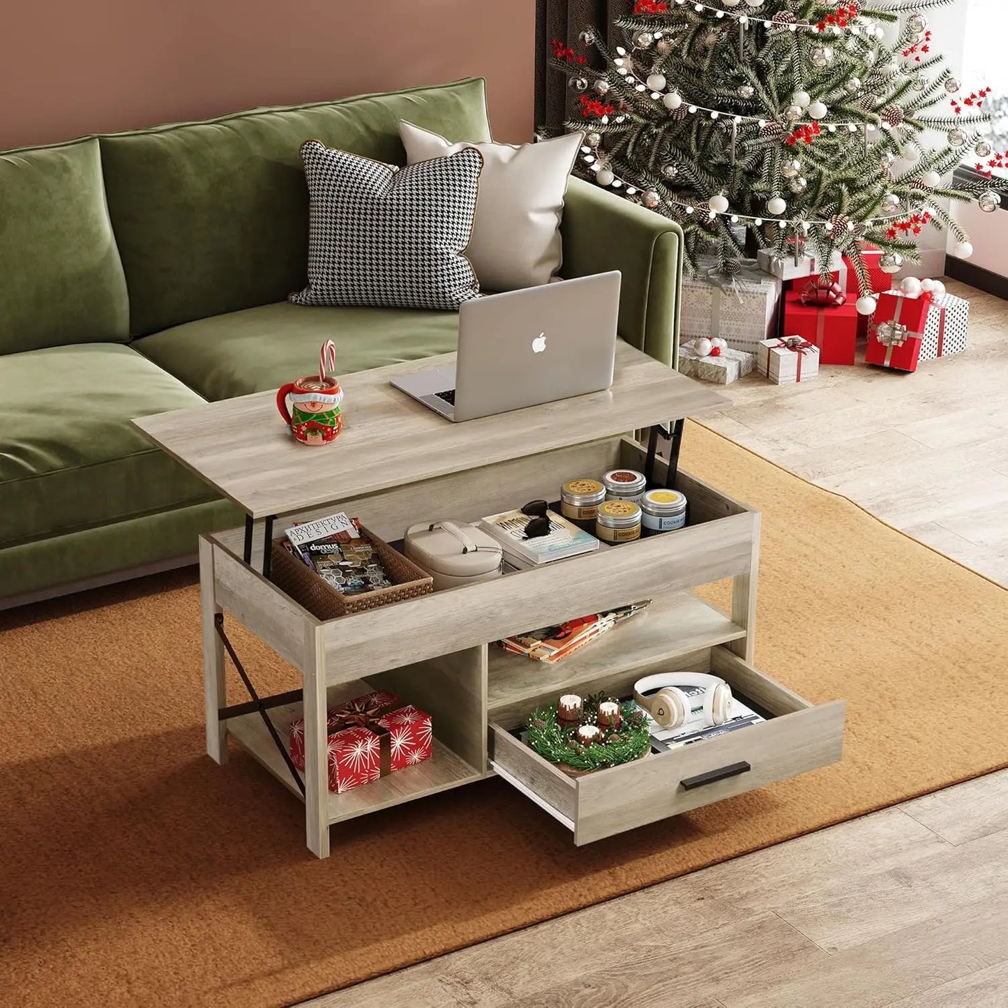 39" Lift Top Coffee Table with Hidden Compartment, Storage Drawers and Storage Shelf for Living Room