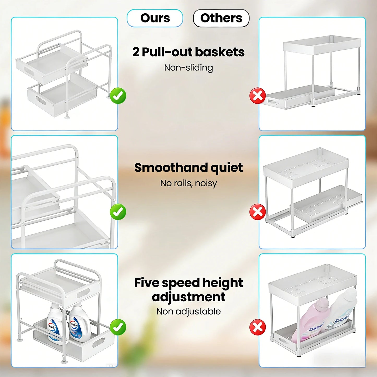 Sliding Cabinet Organizer – 2‑Tier Pull‑Out Storage Rack for Under‑Sink & Pantry Organization