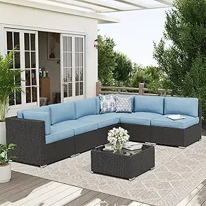 7-Piece Outdoor Patio Sofa Set - Black Rattan Wicker Set with Glass Top Table and Cushions(Red)
