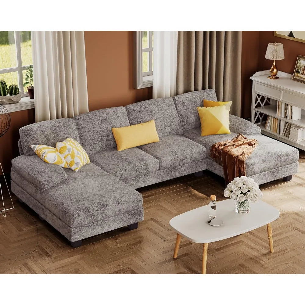U-Shaped Linen Fabric Sectional Sofa, 4-Seater with Double Chaise