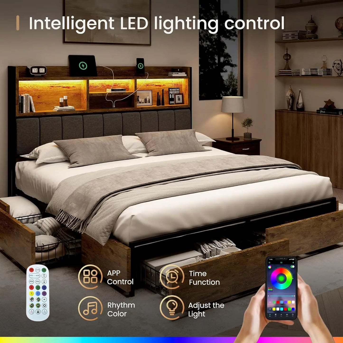 Queen Bed Frame with 6 Storage Drawers, Linen Upholstered Headboard, Built-in USB Charging Station & LED Lighting